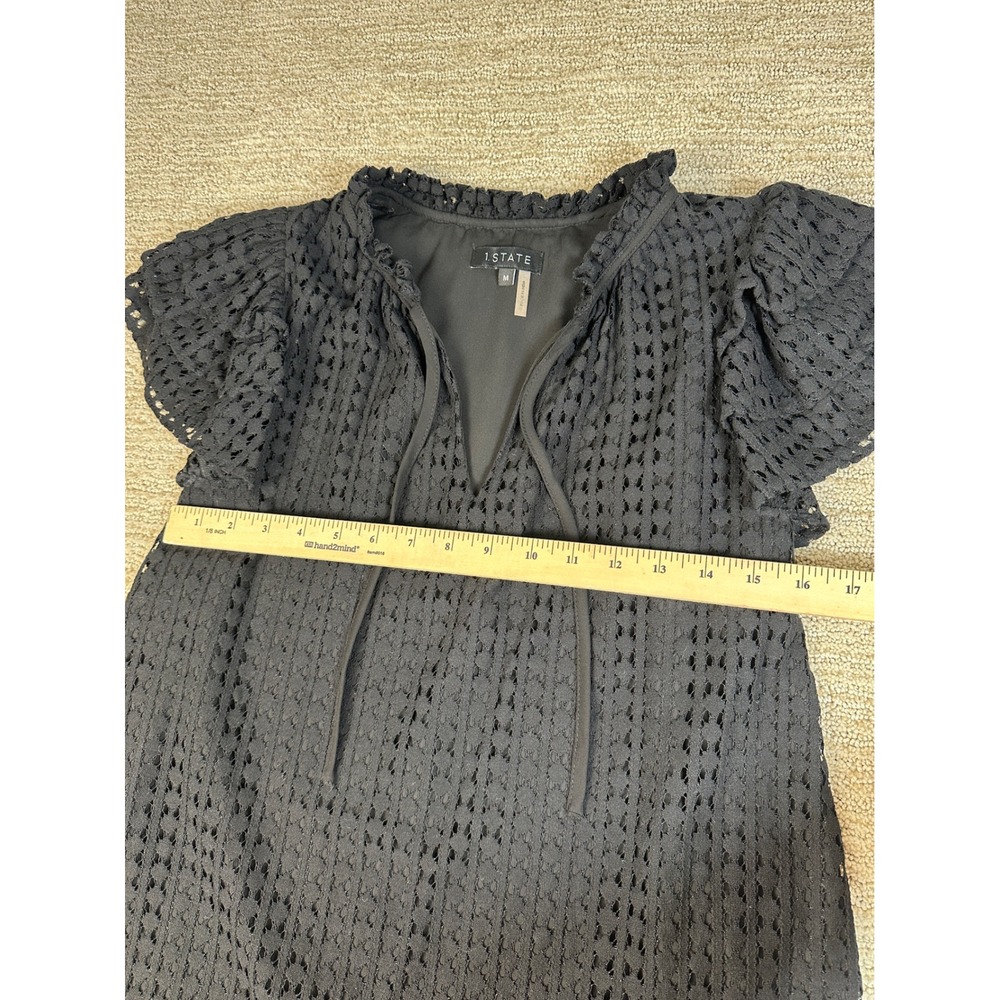 1.STATE Black Eyelet Lace Flutter Sleeve Blouse Ruffle Tie Neck Top 8133039 M - Picture 8 of 10